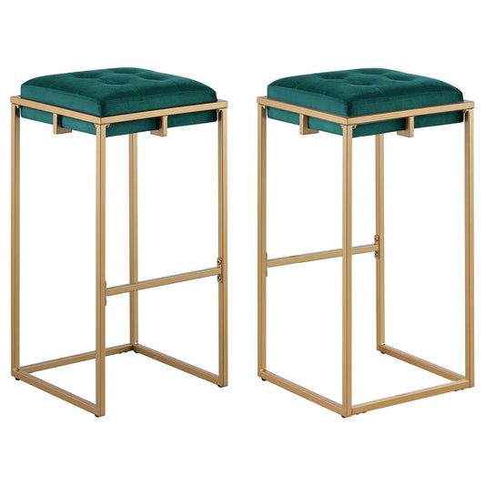 Nadia Square Padded Seat Bar Stool Set Of 2 Hunter Green and Gold