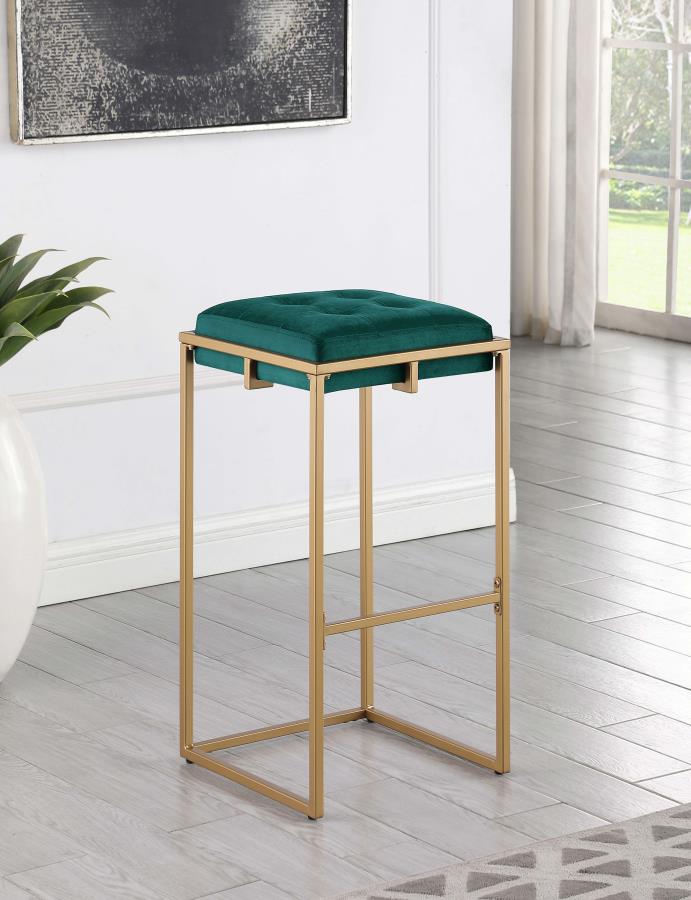 Nadia Square Padded Seat Bar Stool Set Of 2 Hunter Green and Gold