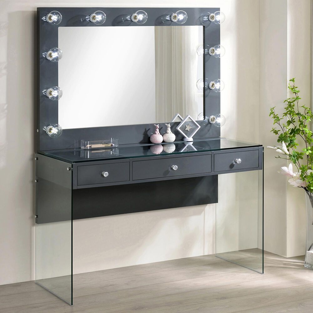 Afshan Grey High Gloss 3-Drawers Makeup Vanity Desk with Lighting Mirror