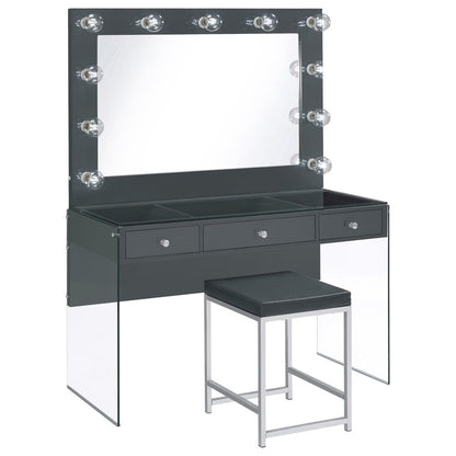 Afshan Grey High Gloss 3-Drawers Makeup Vanity Desk with Lighting Mirror