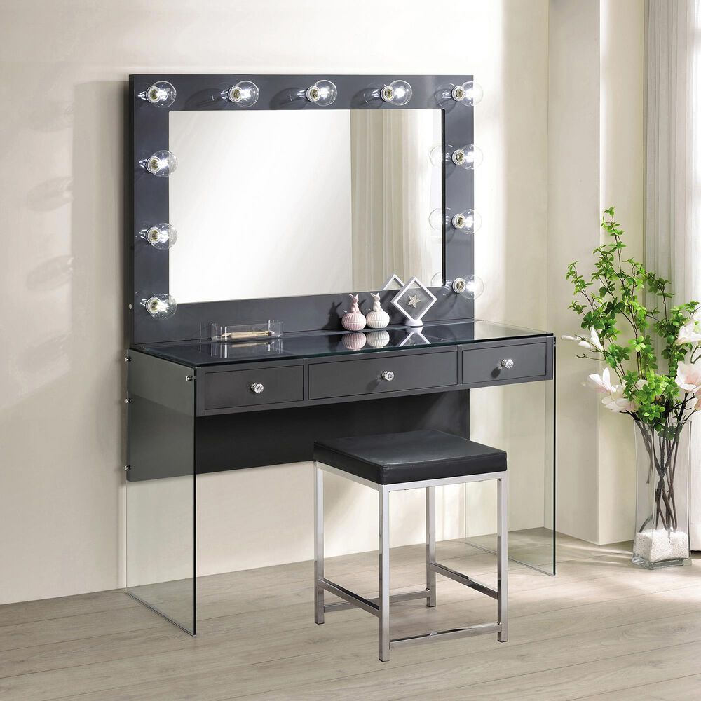 Afshan Grey High Gloss 3-Drawers Makeup Vanity Desk with Lighting Mirror