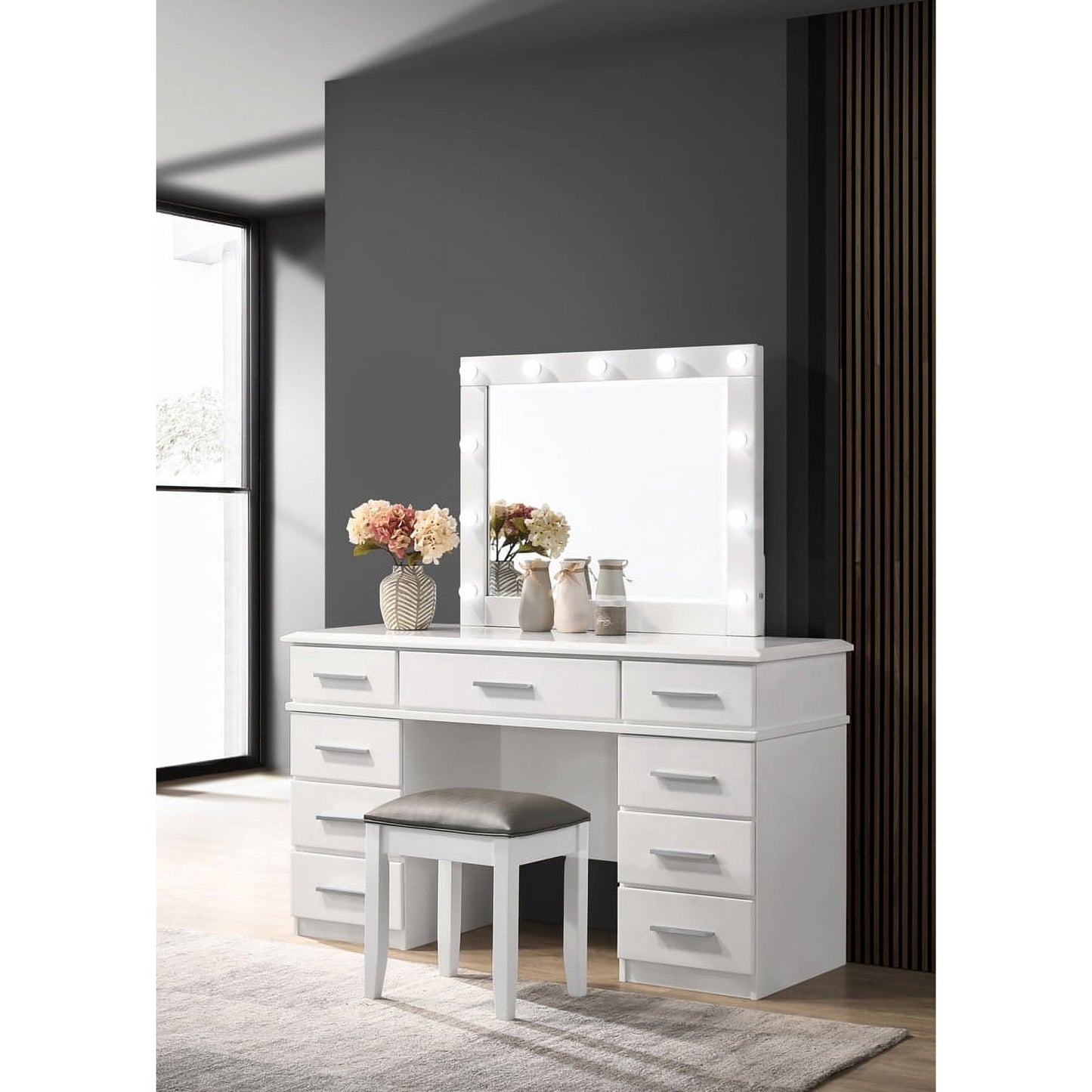 Felicity 9-drawer Vanity Table with Lighted Mirror Glossy White