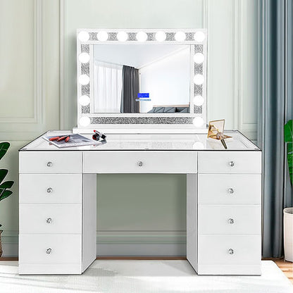 Belle White 9-drawer Makeup Vanity with Bluetooth Mirror- Biri (Bluetooth & Speaker)