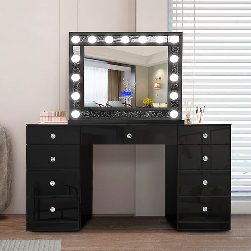 Belle Black 9- drawer Vanity with Bluetooth Mirror- (Bluetooth & Speaker)