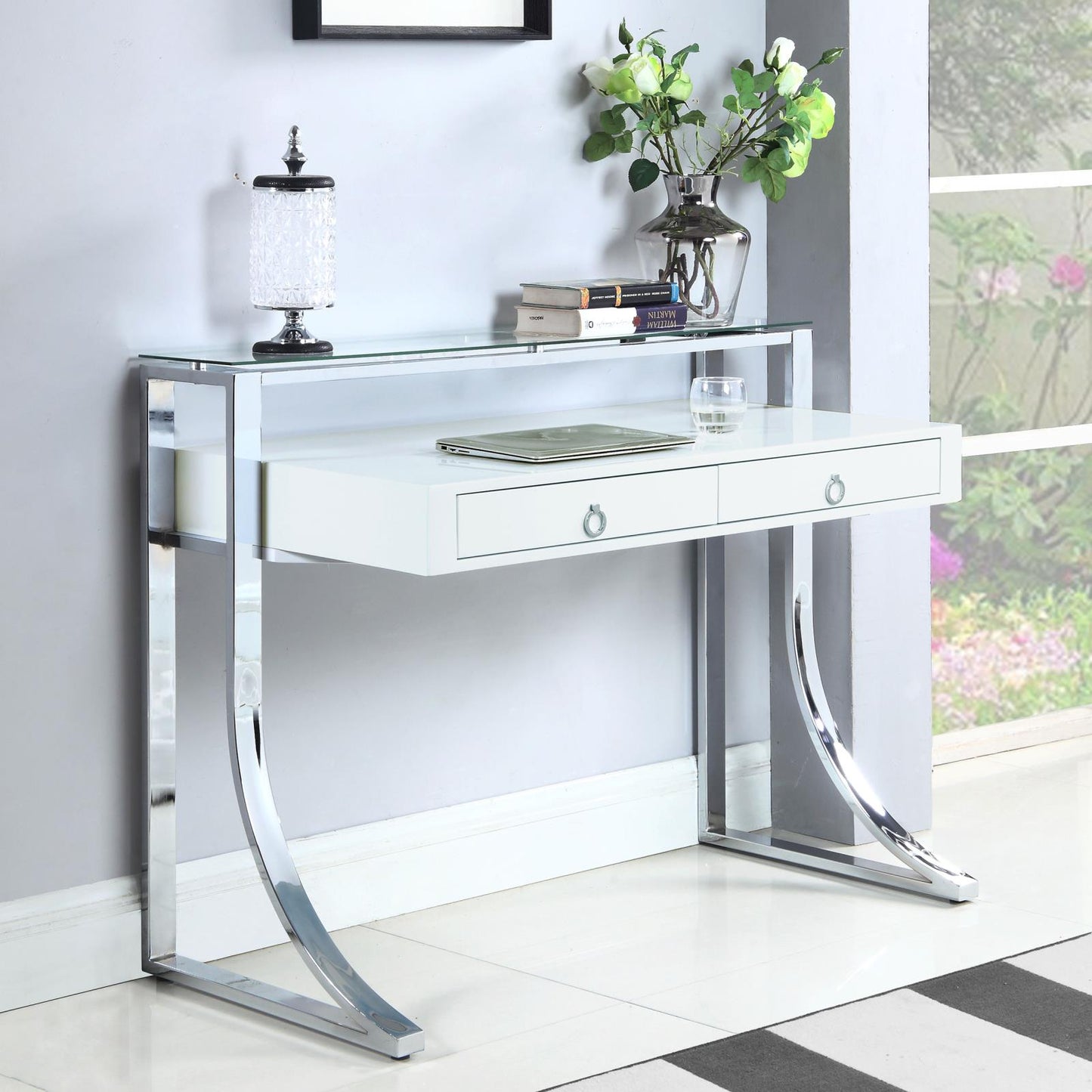 Gemma Glossy White/Chrome 2-Drawer Writing Desk