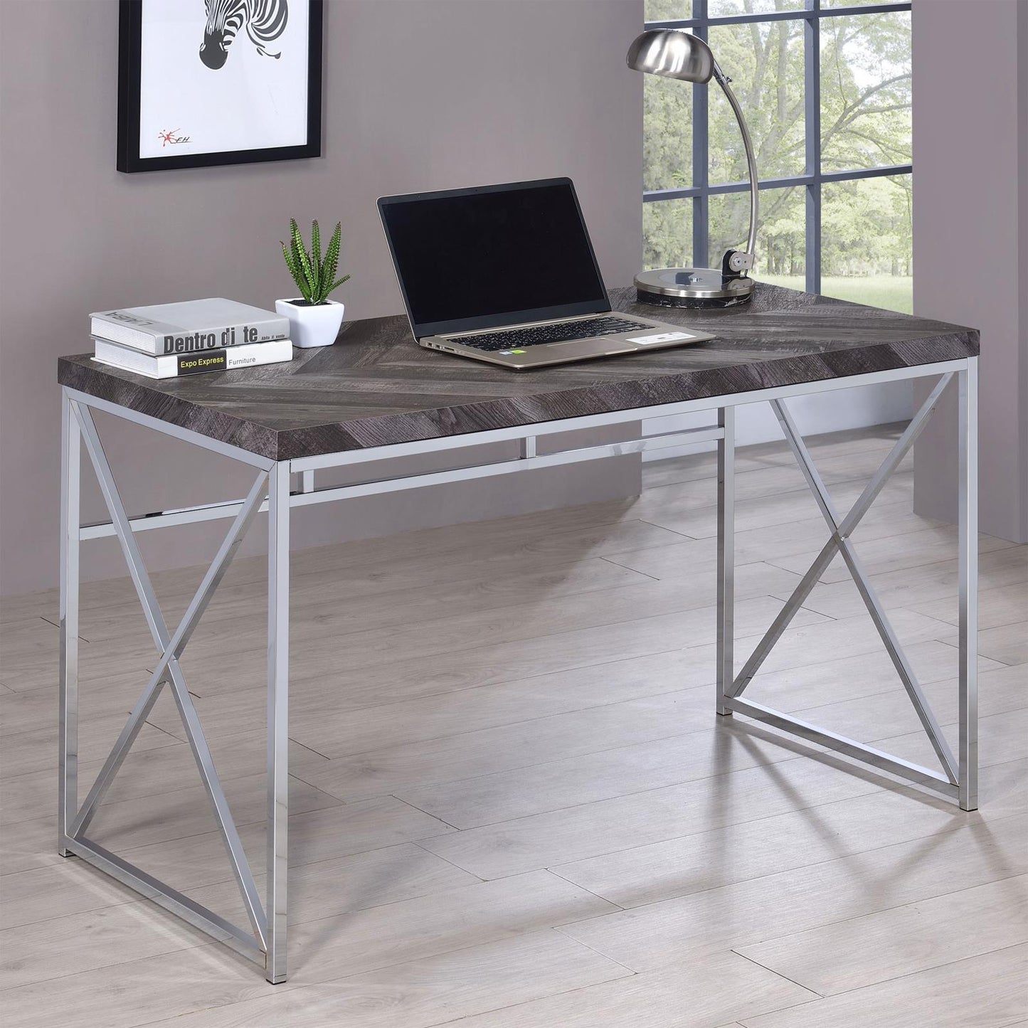 Grimma Writing Office Desk Rustic Grey and Chrome