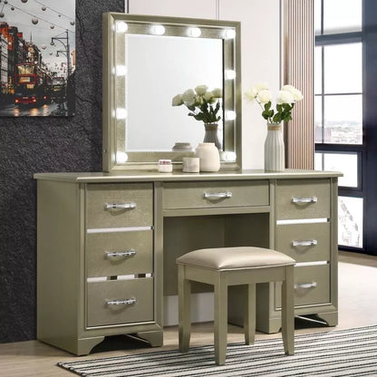 GLAMOROUS CHAMPAGNE LED LIGHT MIRROR VANITY DRESSING TABLE BEDROOM FURNITURE SET