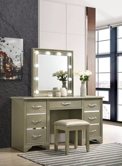 GLAMOROUS CHAMPAGNE LED LIGHT MIRROR VANITY DRESSING TABLE BEDROOM FURNITURE SET