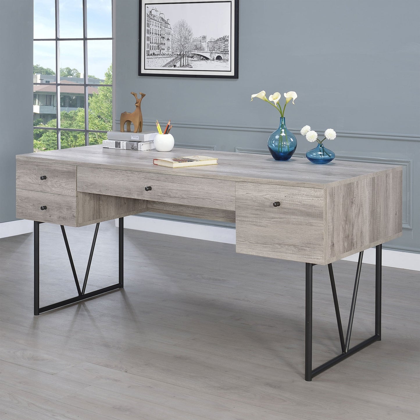 Analiese 63-inch 4-drawer Writing Desk Grey Driftwood