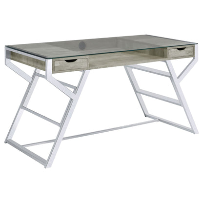 Emelle 56-inch Glass Top Writing Desk Grey Driftwood